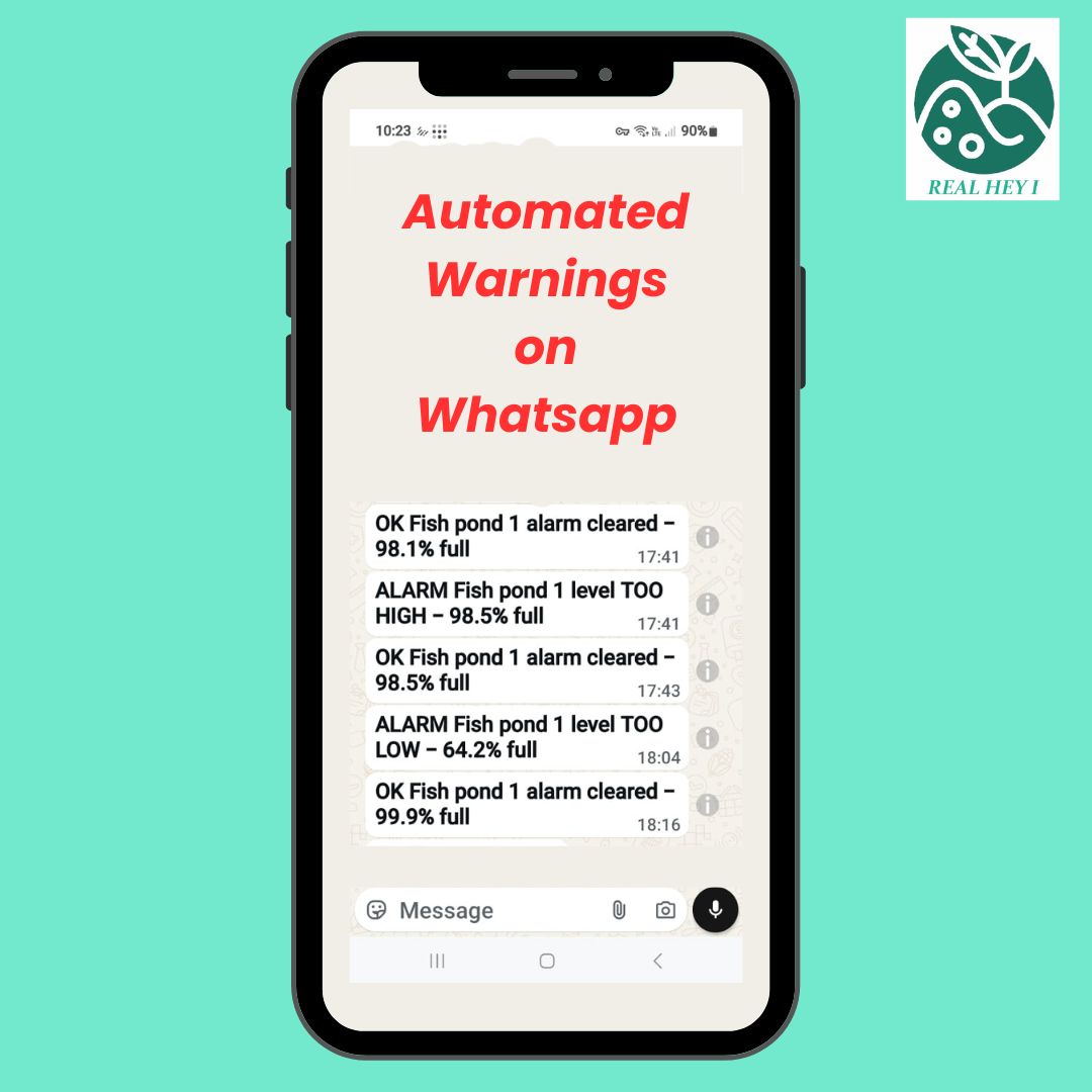 WhatsApp alert from Realheyi: Low water alert — Main Storage Tank 18%